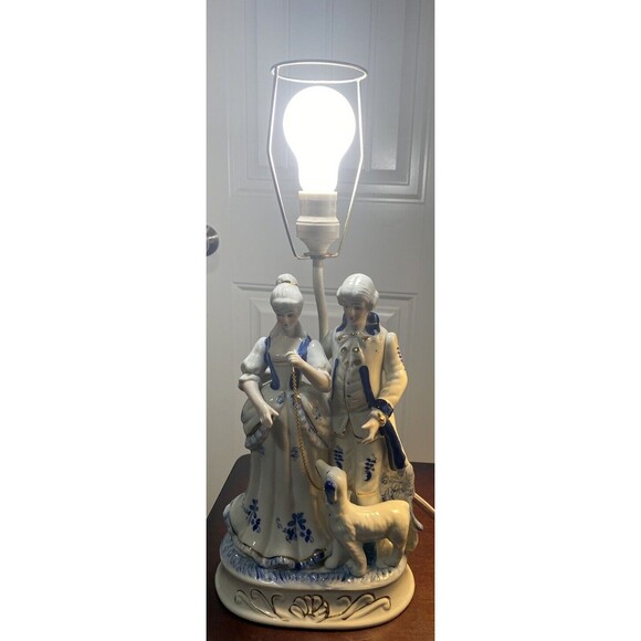 2 Vintage Porcelain Lamp Victorian Colonial Hand painted Man Woman Dog RARE 20" - Picture 14 of 16